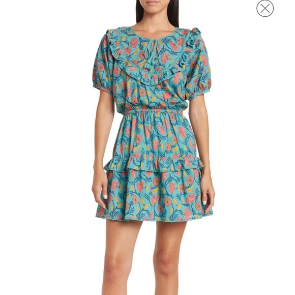 maisie Dresses & Skirts - Maisie Puff Sleeve Tie Neck Mini Dress blue pink